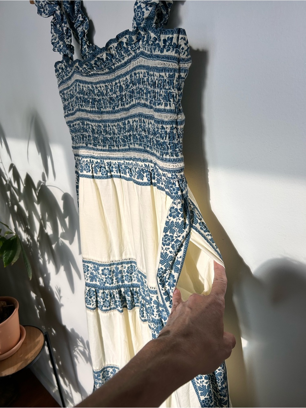 Sea NY Arlo Maxi Floral Tiered Smocked Bodice Blue Cream Cotton Dress Size S - Picture 7 of 12